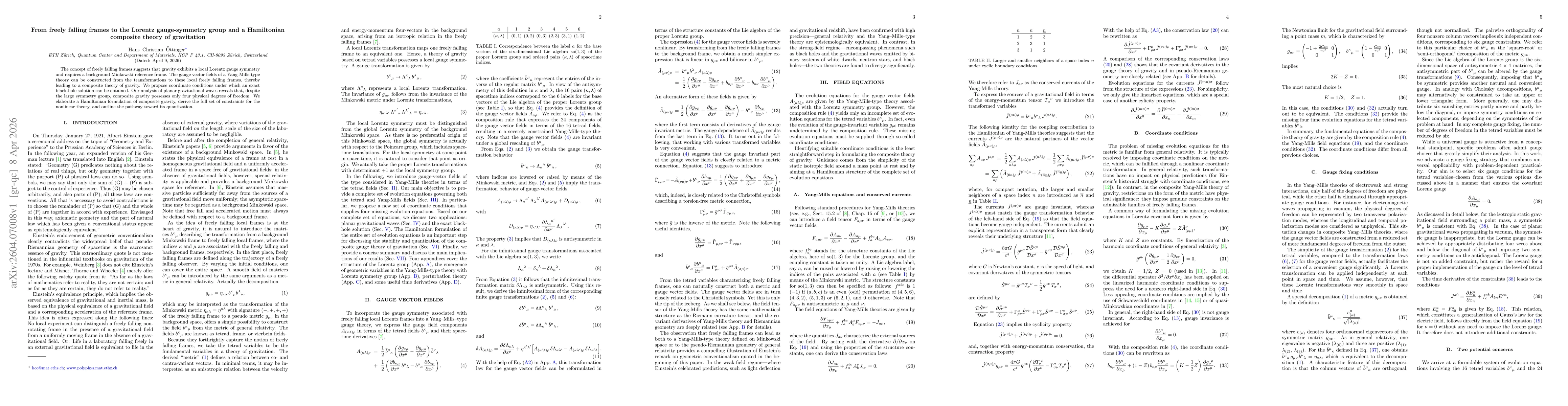 Thumbnail for From freely falling frames to the Lorentz gauge-symmetry group and a Hamiltonian composite theory of gravitation