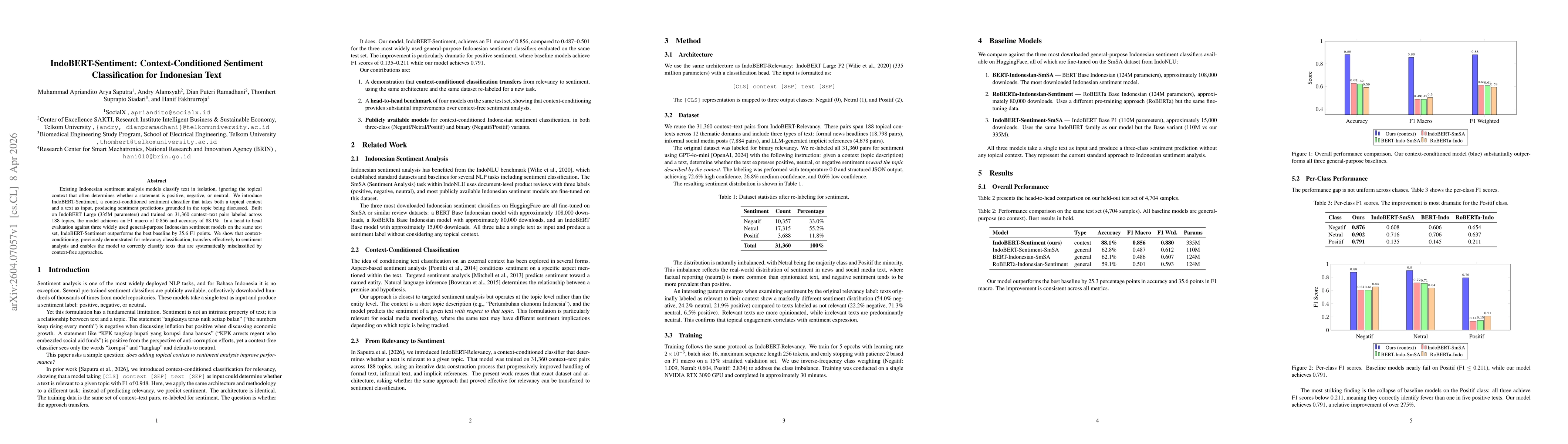 Thumbnail for IndoBERT-Sentiment: Context-Conditioned Sentiment Classification for Indonesian Text