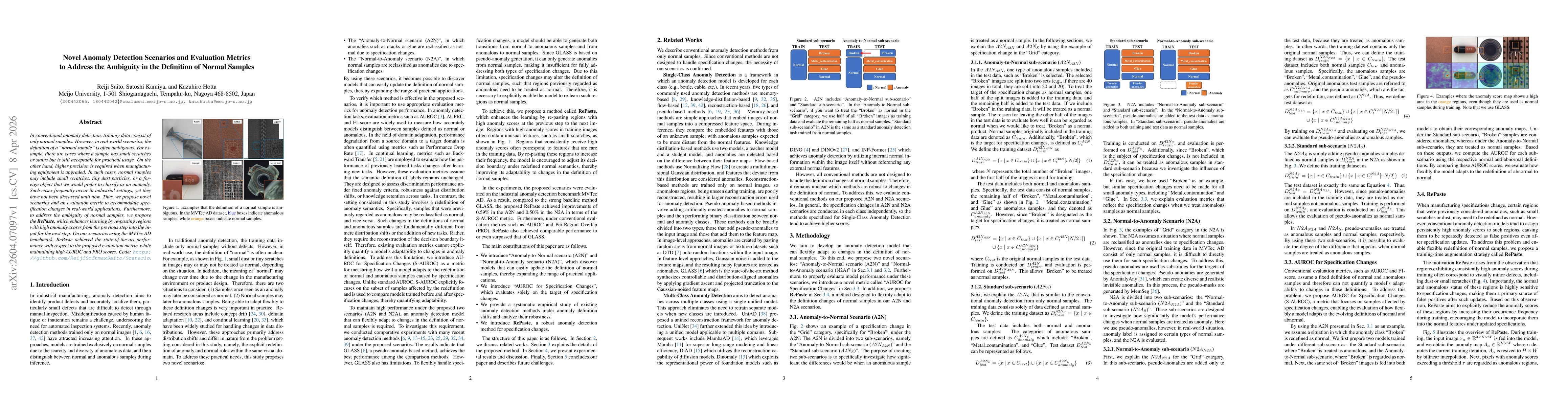 Thumbnail for Novel Anomaly Detection Scenarios and Evaluation Metrics to Address the Ambiguity in the Definition of Normal Samples