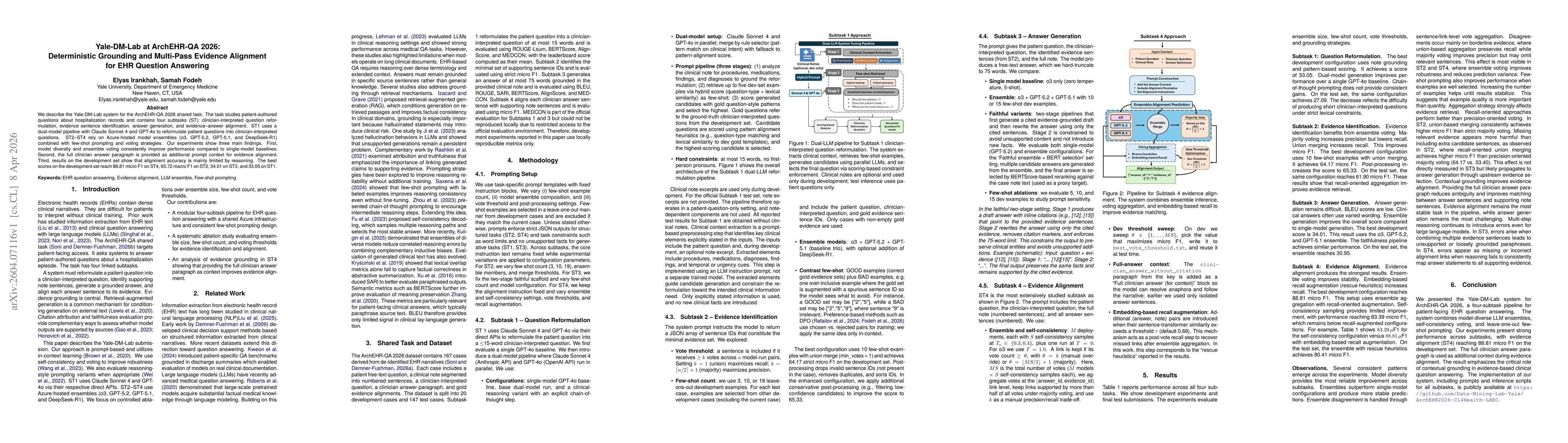 Thumbnail for Yale-DM-Lab at ArchEHR-QA 2026: Deterministic Grounding and Multi-Pass Evidence Alignment for EHR Question Answering