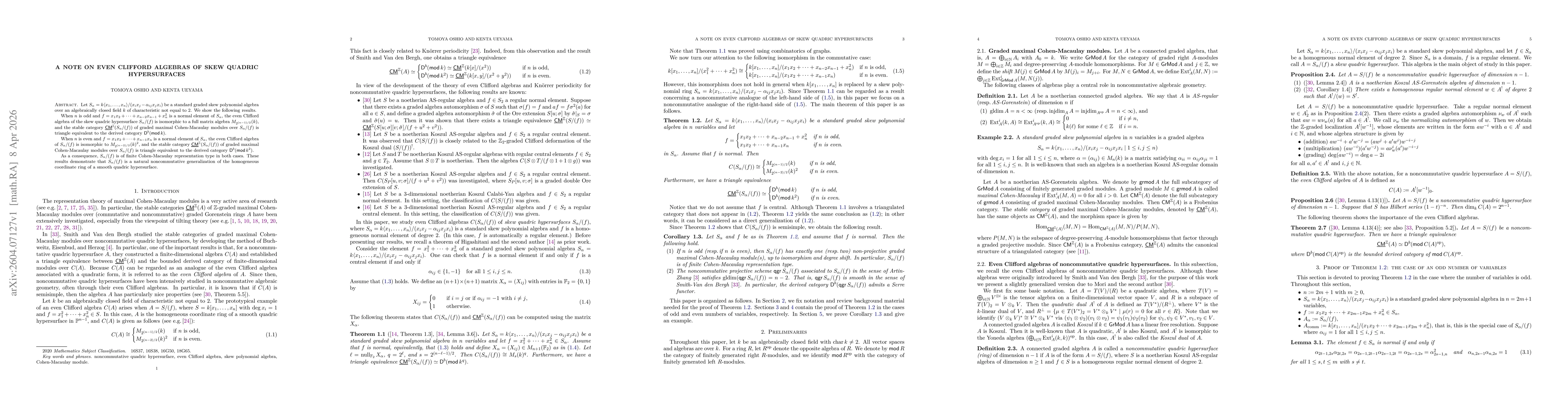 Thumbnail for A note on even Clifford algebras of skew quadric hypersurfaces