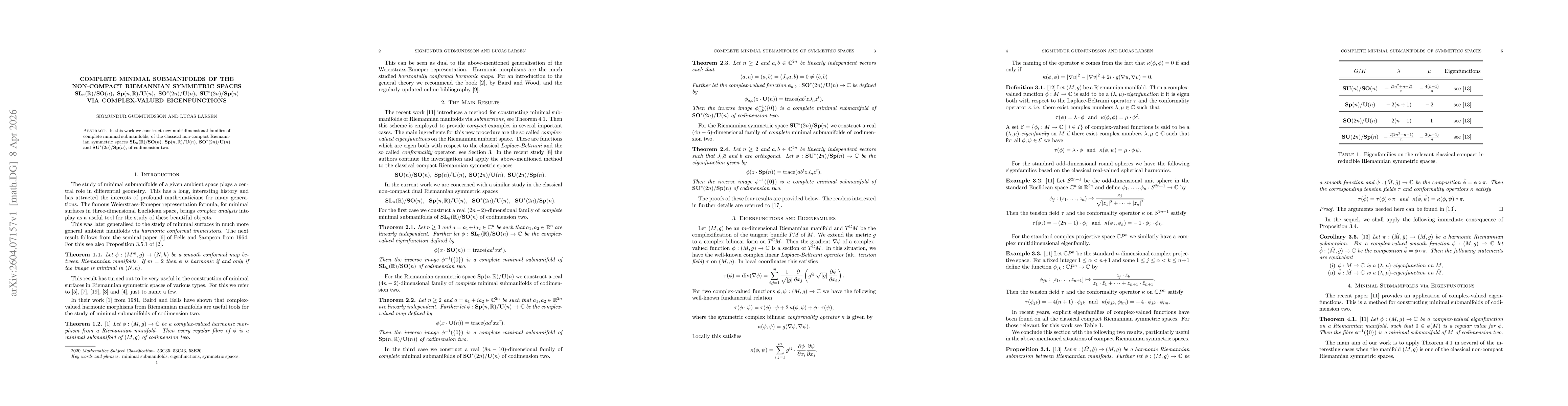Thumbnail for Complete minimal submanifolds of the non-compact Riemannian symmetric spaces SL_n(R)/SO(n), Sp(n,R)/U(n), SO*(2n)/U(n), SU*(2n)/Sp(n) via complex-valued eigenfunctions