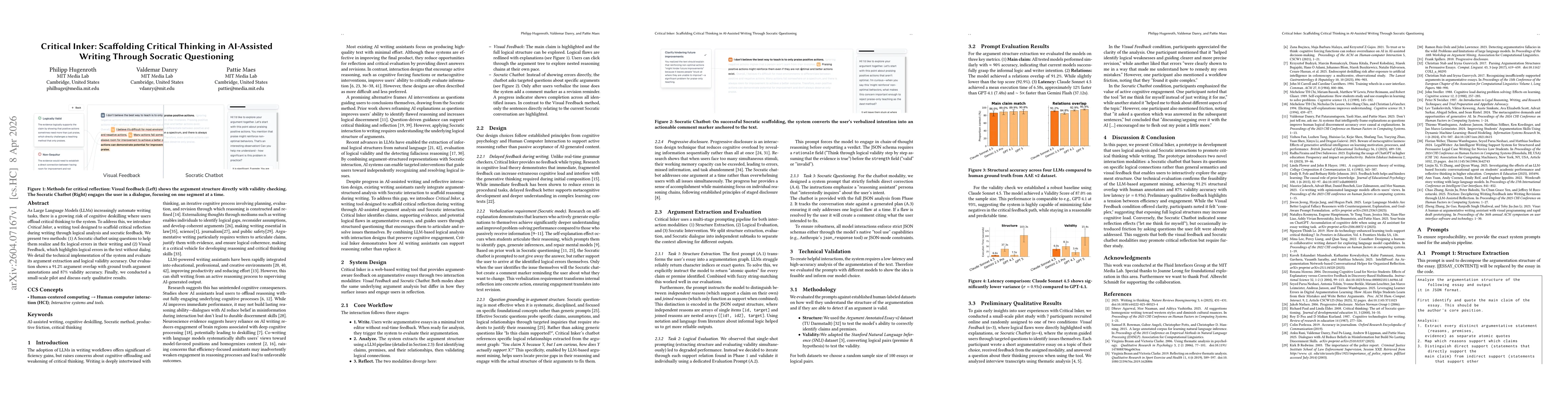 Thumbnail for Critical Inker: Scaffolding Critical Thinking in AI-Assisted Writing Through Socratic Questioning
