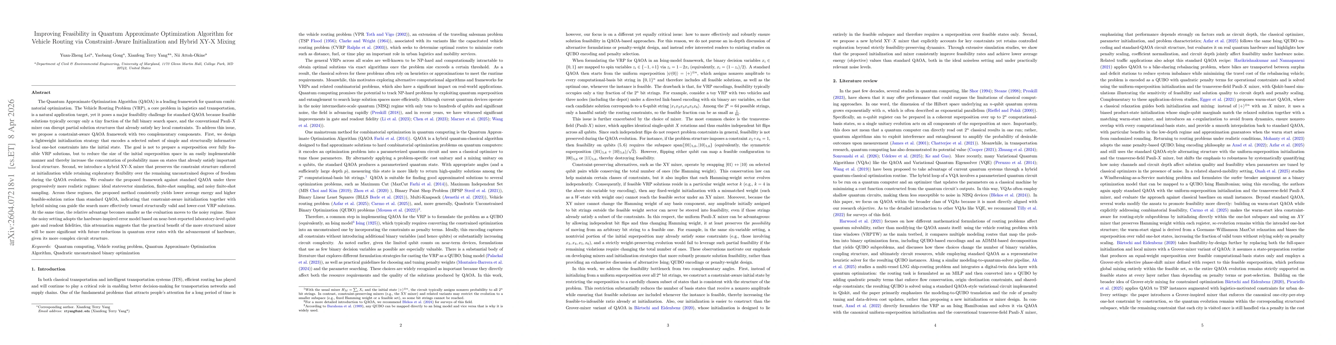 Thumbnail for Improving Feasibility in Quantum Approximate Optimization Algorithm for Vehicle Routing via Constraint-Aware Initialization and Hybrid XY-X Mixing