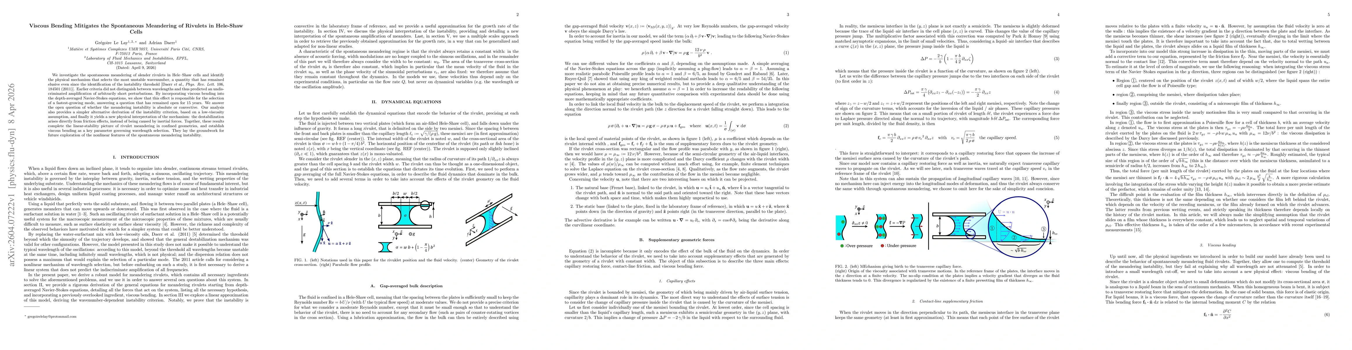Thumbnail for Viscous Bending Mitigates the Spontaneous Meandering of Rivulets in Hele-Shaw Cells