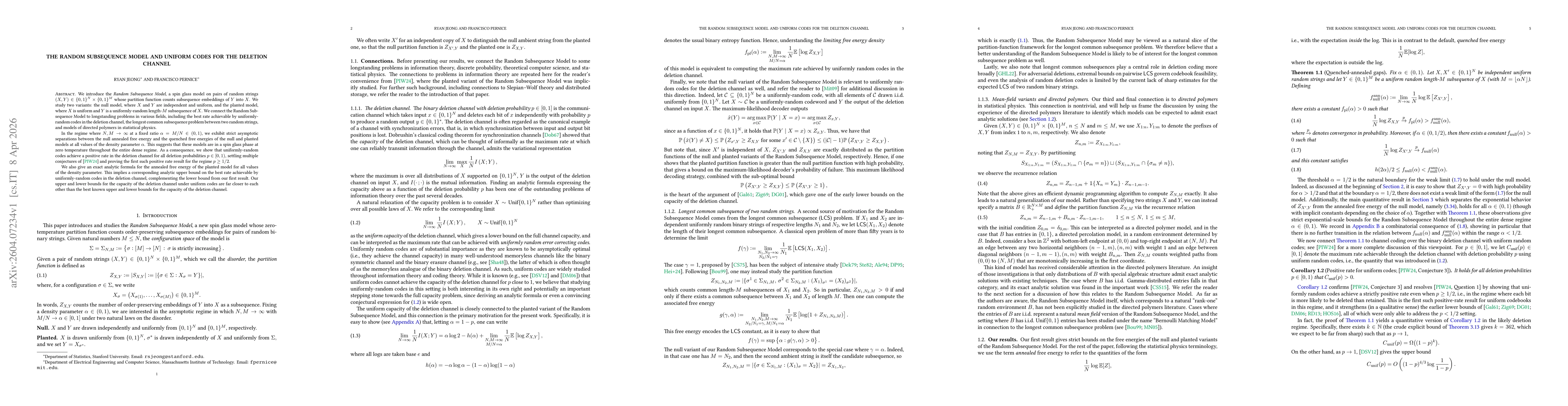 Thumbnail for The Random Subsequence Model and Uniform Codes for the Deletion Channel