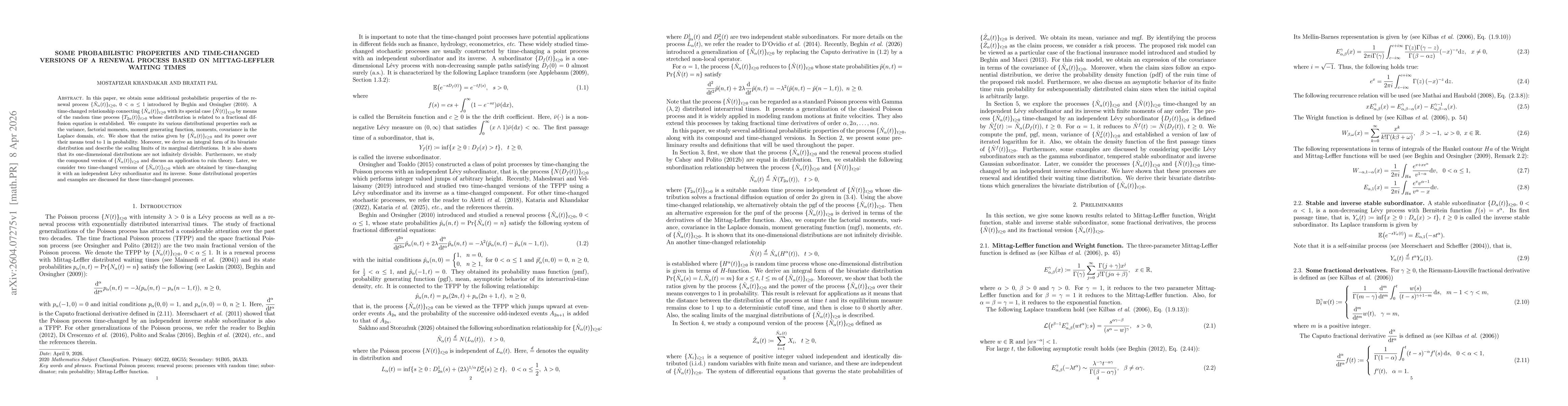 Thumbnail for Some probabilistic properties and time-changed versions of a renewal process based on Mittag-Leffler waiting times