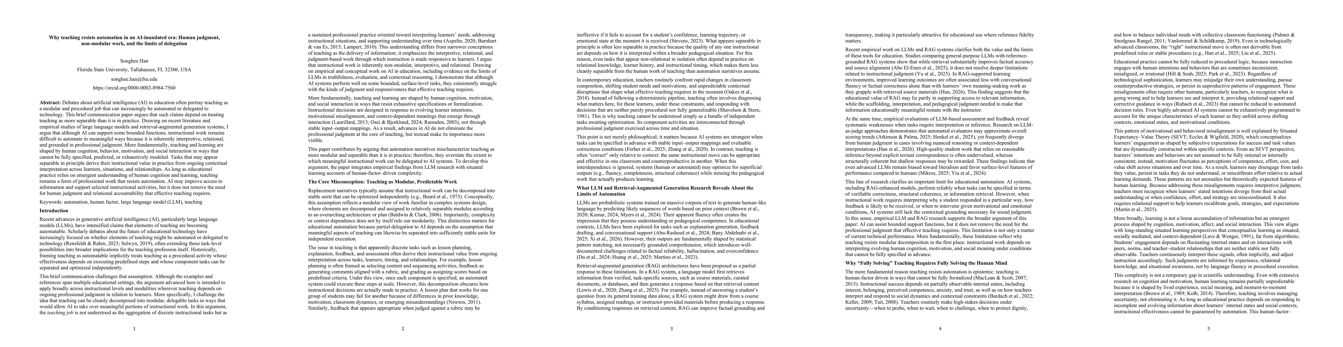 Thumbnail for Why teaching resists automation in an AI-inundated era: Human judgment, non-modular work, and the limits of delegation