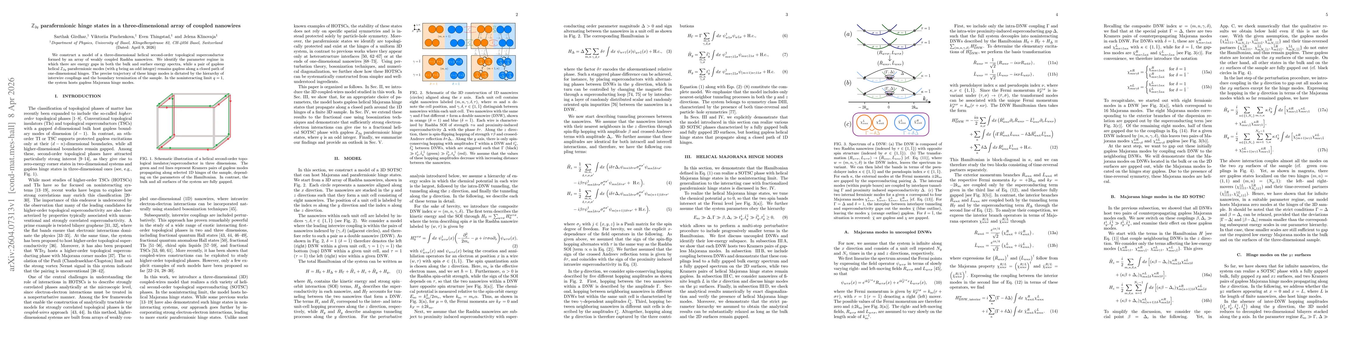 Thumbnail for $\mathbb Z_{2q}$ parafermionic hinge states in a three-dimensional array of coupled nanowires
