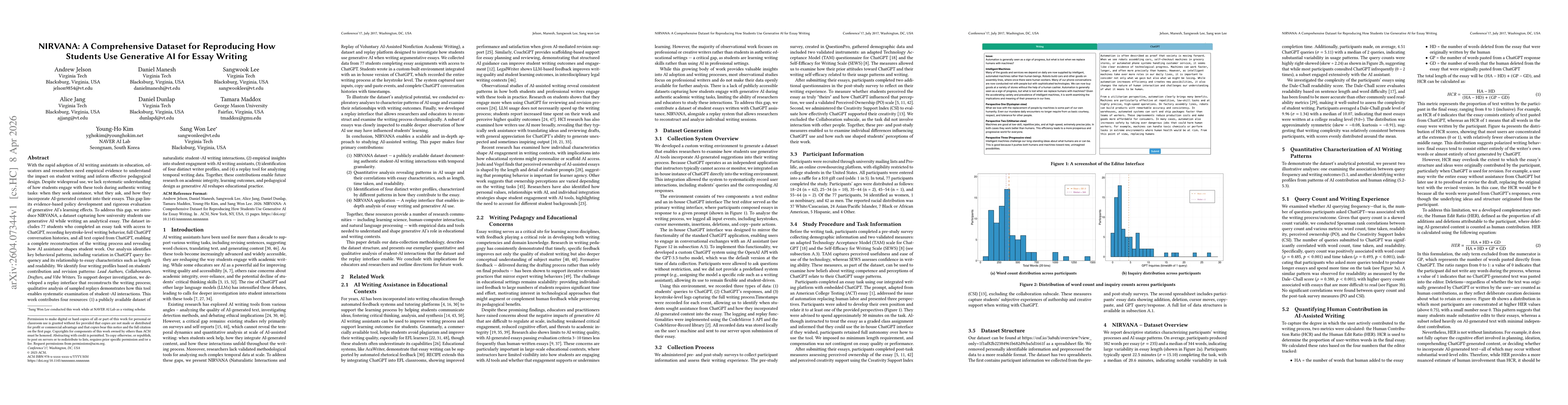 Thumbnail for NIRVANA: A Comprehensive Dataset for Reproducing How Students Use Generative AI for Essay Writing