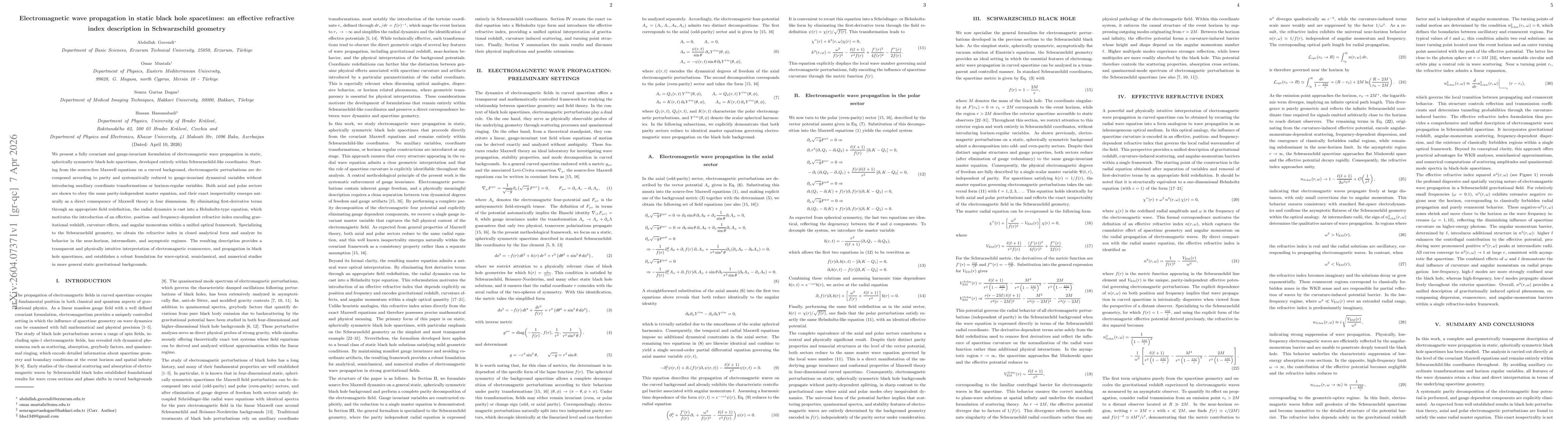 Thumbnail for Electromagnetic wave propagation in static black hole spacetimes: an effective refractive index description in Schwarzschild geometry