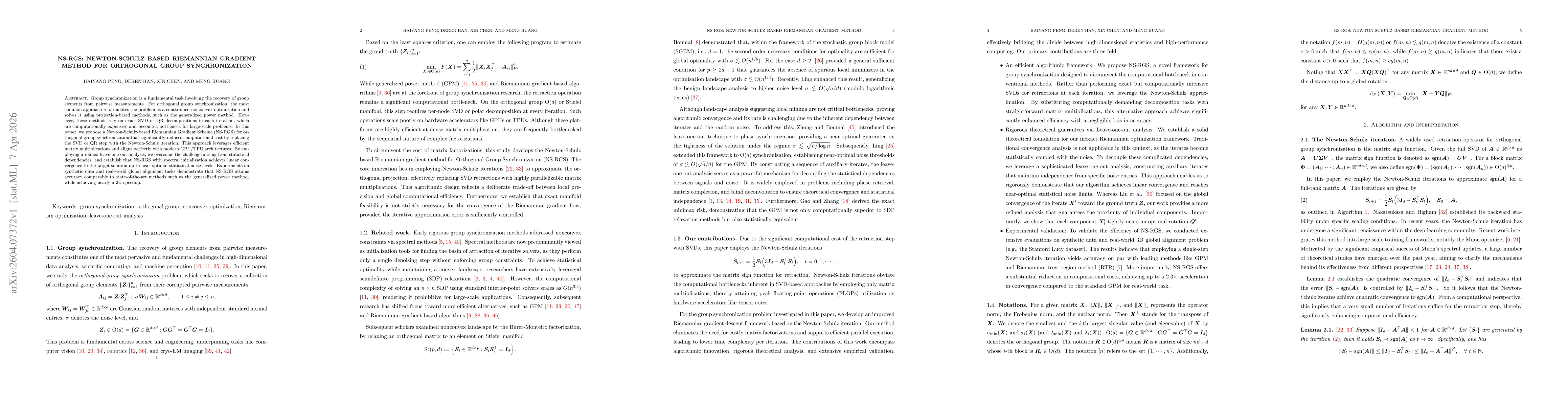 Thumbnail for NS-RGS: Newton-Schulz based Riemannian gradient method for orthogonal group synchronization