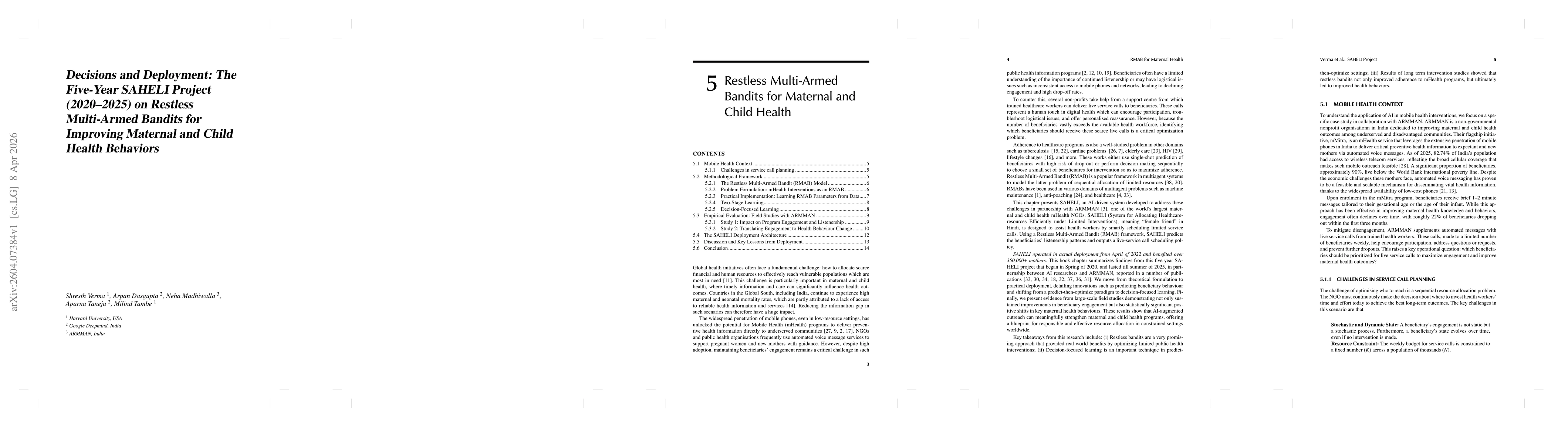 Thumbnail for Decisions and Deployment: The Five-Year SAHELI Project (2020-2025) on Restless Multi-Armed Bandits for Improving Maternal and Child Health