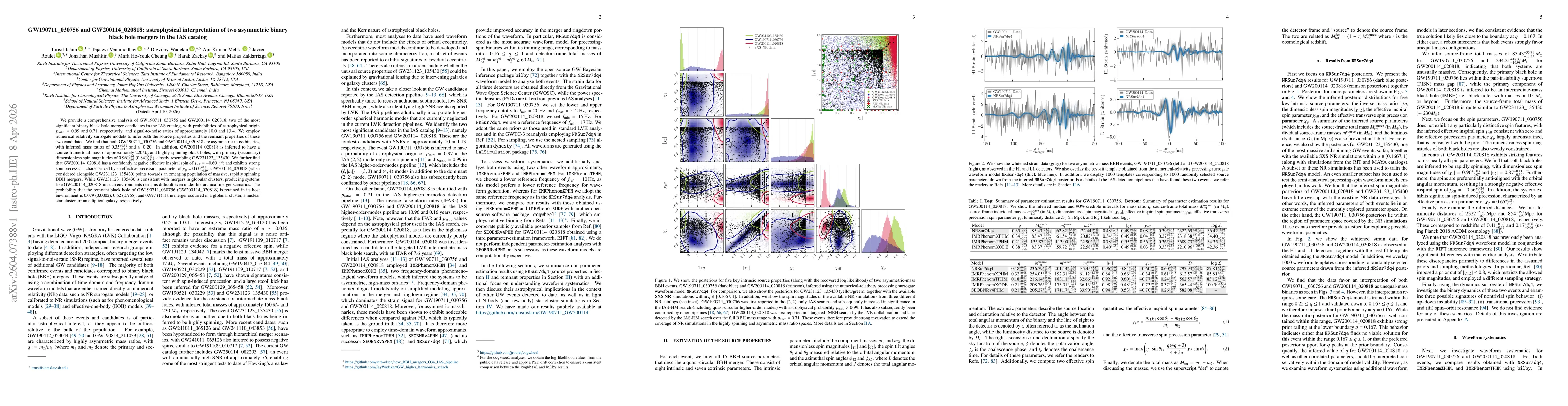 Thumbnail for GW190711_030756 and GW200114_020818: astrophysical interpretation of two asymmetric binary black hole mergers in the IAS catalog