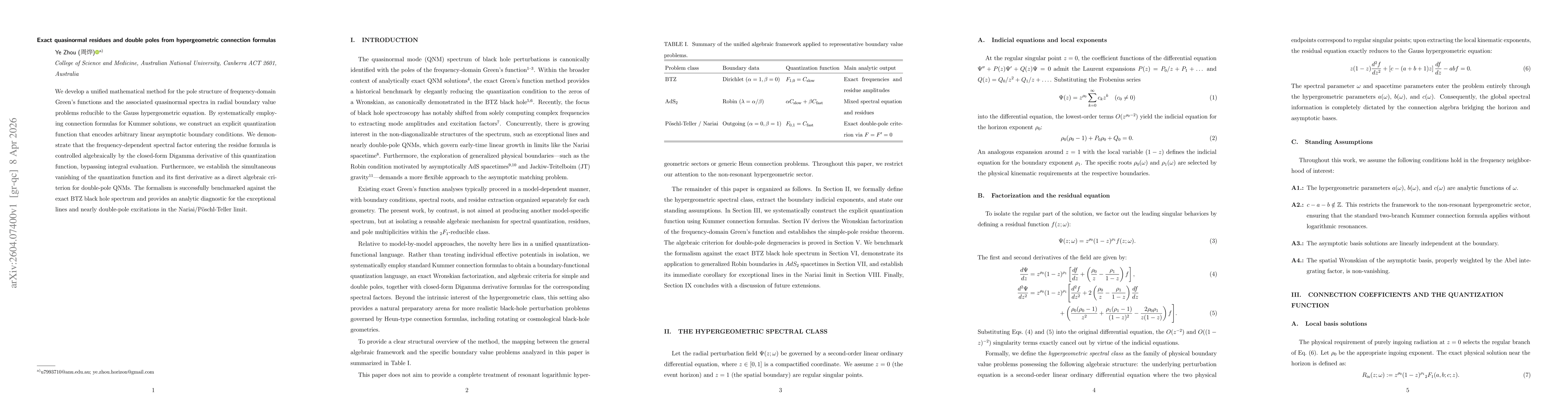 Thumbnail for Exact quasinormal residues and double poles from hypergeometric connection formulas