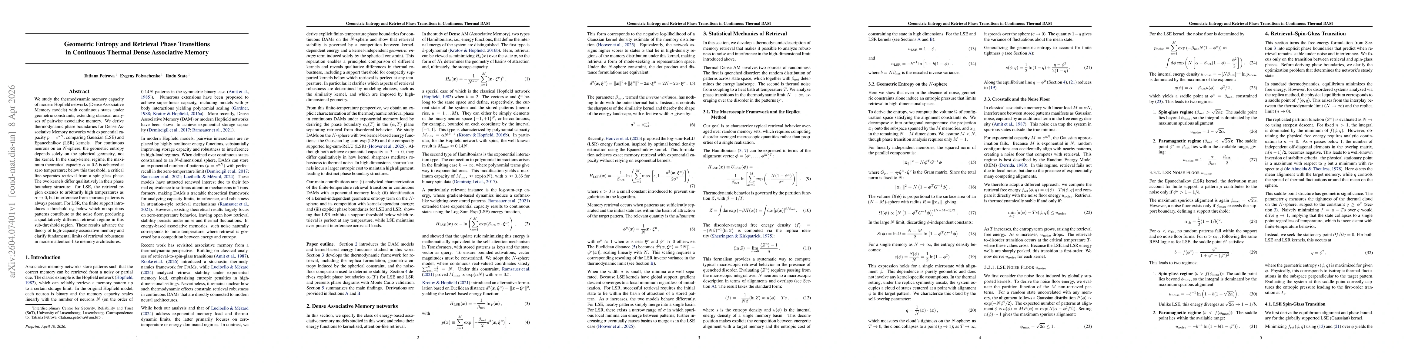 Thumbnail for Geometric Entropy and Retrieval Phase Transitions in Continuous Thermal Dense Associative Memory