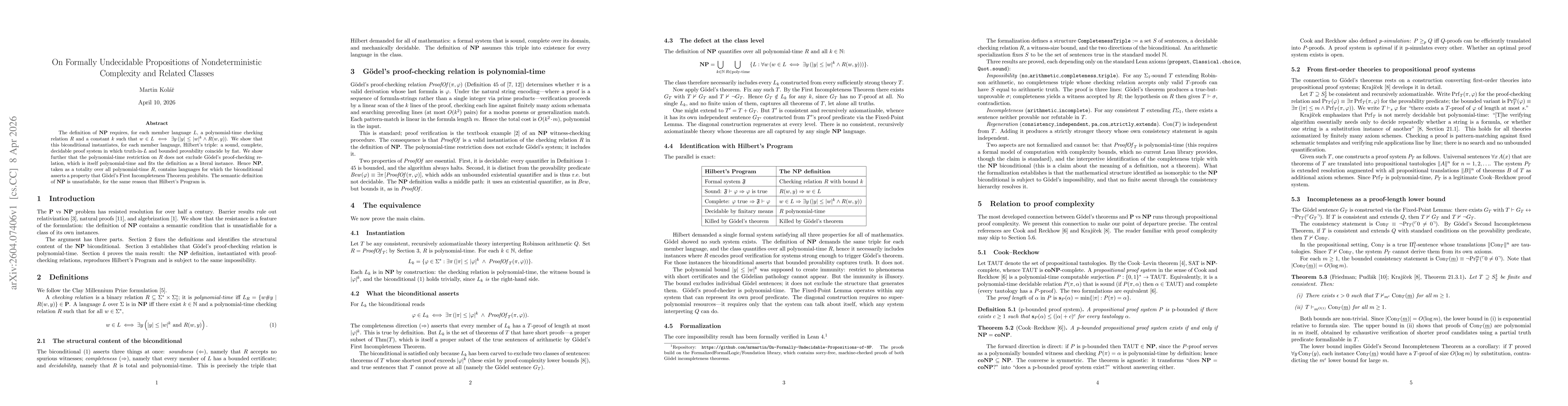Thumbnail for On Formally Undecidable Propositions of Nondeterministic Complexity and Related Classes