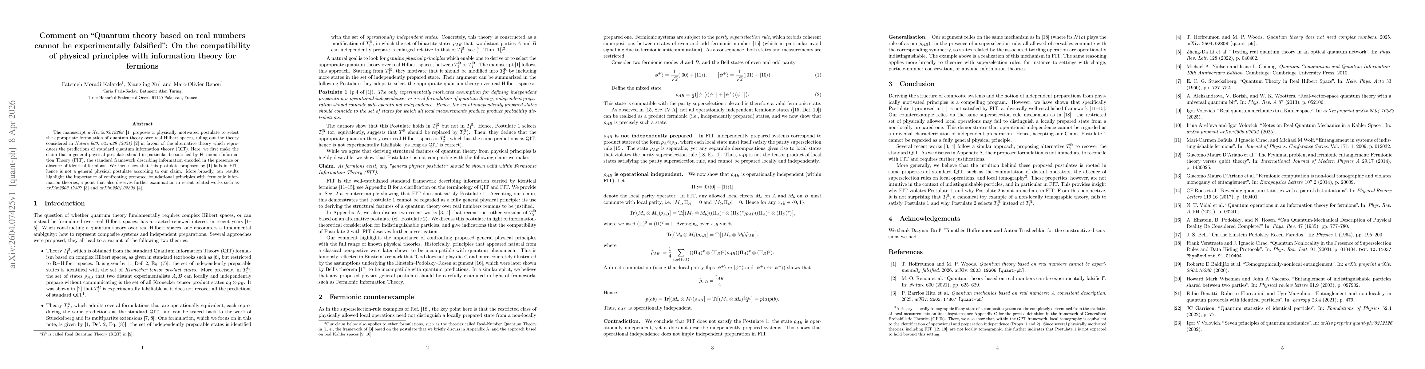 Thumbnail for Comment on "Quantum theory based on real numbers cannot be experimentally falsified": On the compatibility of physical principles with information theory for fermions