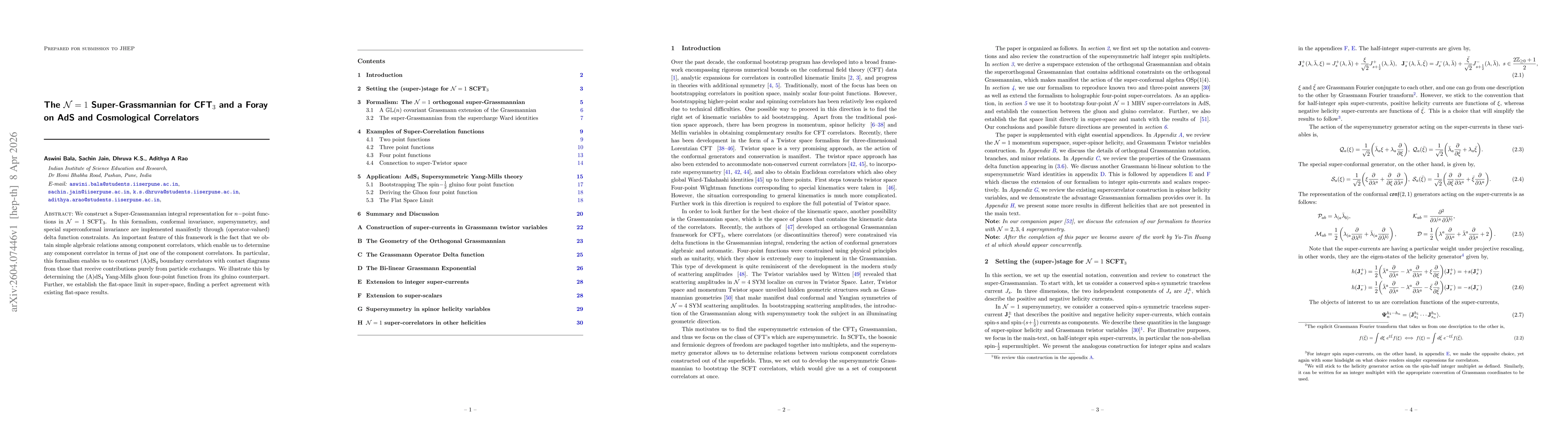 Thumbnail for The $\mathcal{N}=1$ Super-Grassmannian for CFT$_3$ and a Foray on AdS and Cosmological Correlators