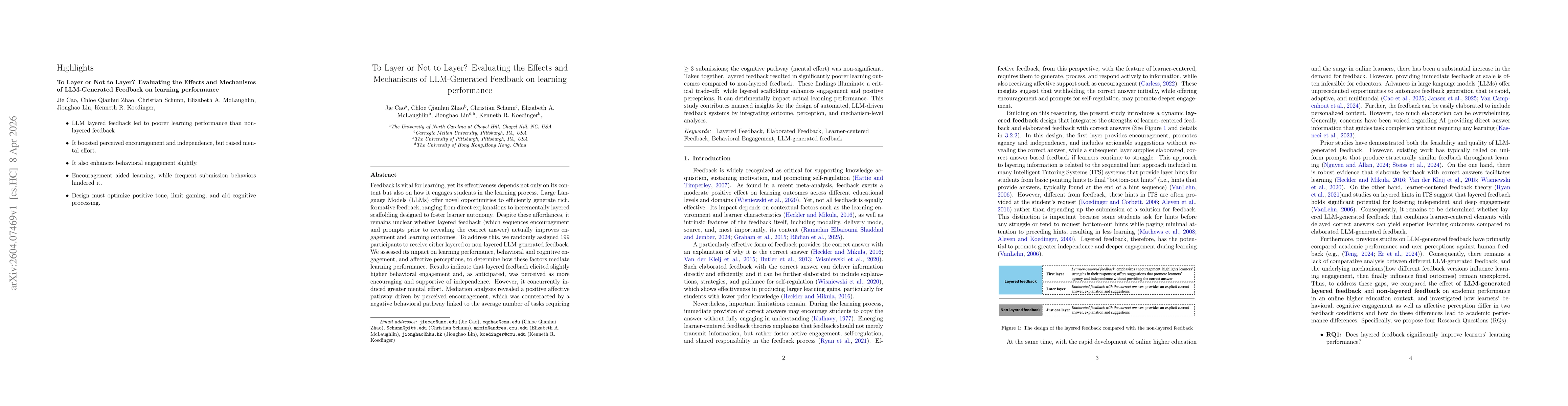 Thumbnail for To Layer or Not to Layer? Evaluating the Effects and Mechanisms of LLM-Generated Feedback on learning performance