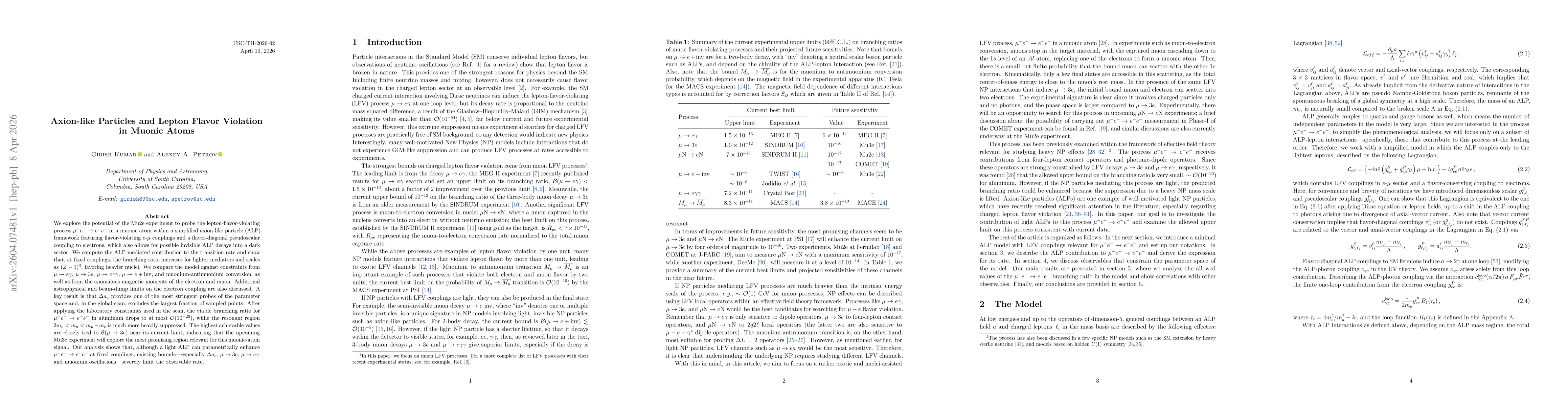 Thumbnail for Axion-like Particles and Lepton Flavor Violation in Muonic Atoms