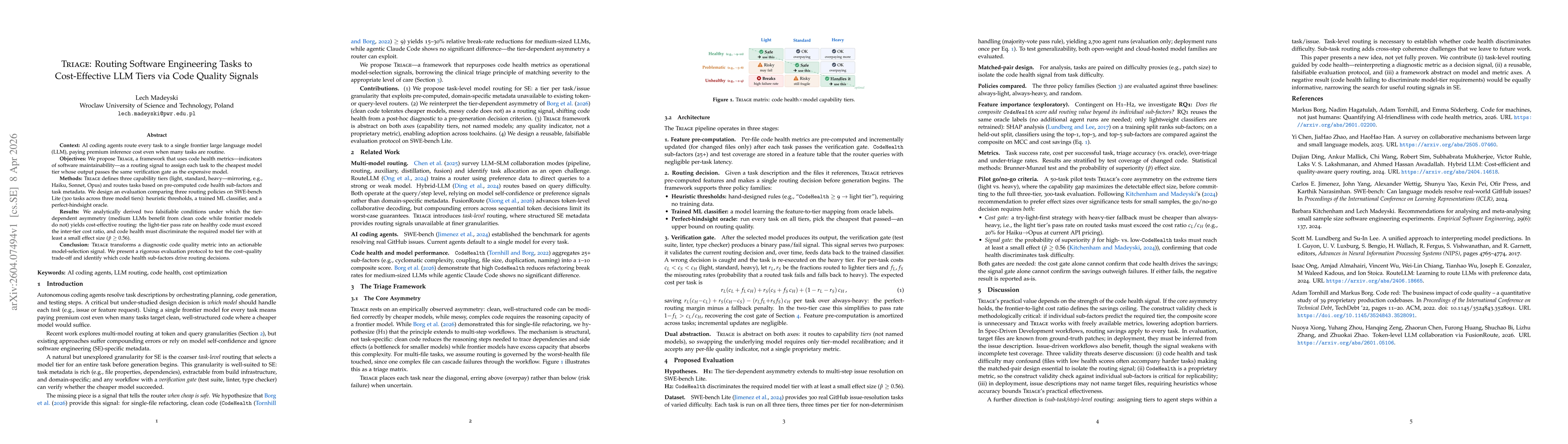 Thumbnail for Triage: Routing Software Engineering Tasks to Cost-Effective LLM Tiers via Code Quality Signals