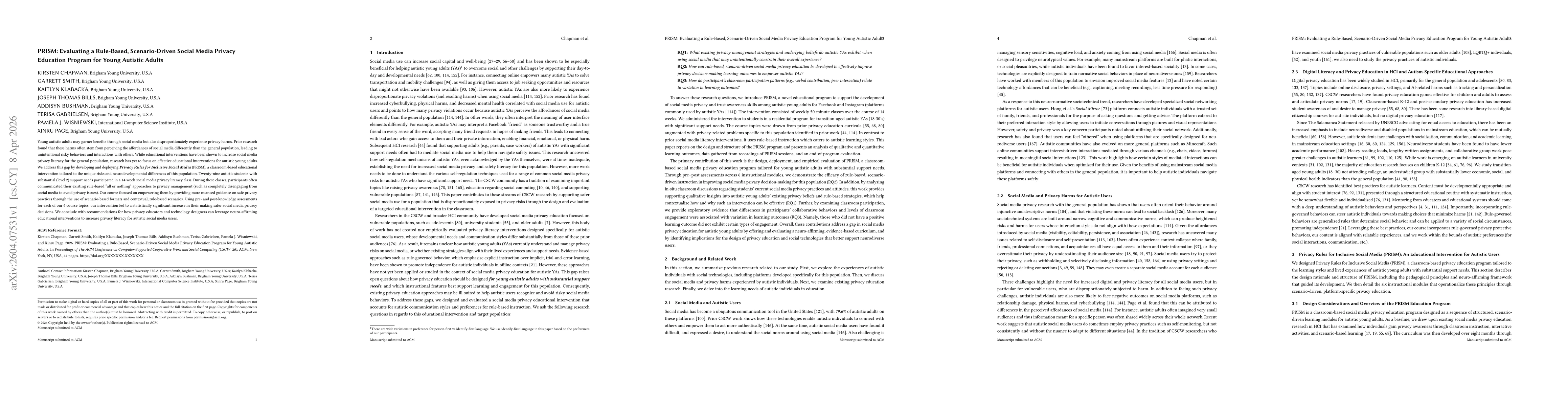 Thumbnail for PRISM: Evaluating a Rule-Based, Scenario-Driven Social Media Privacy Education Program for Young Autistic Adults