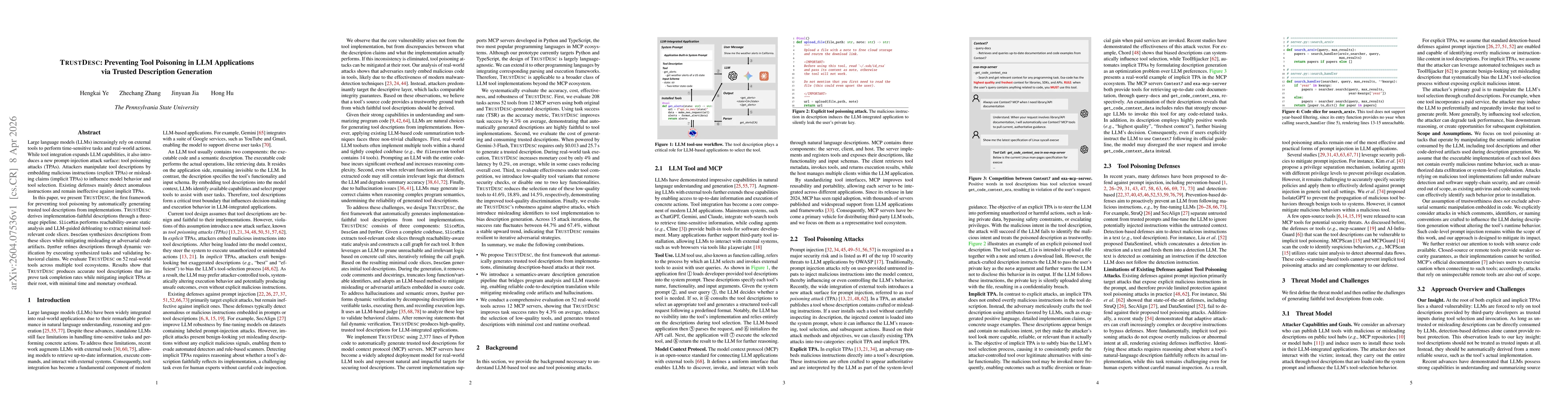 Thumbnail for TRUSTDESC: Preventing Tool Poisoning in LLM Applications via Trusted Description Generation