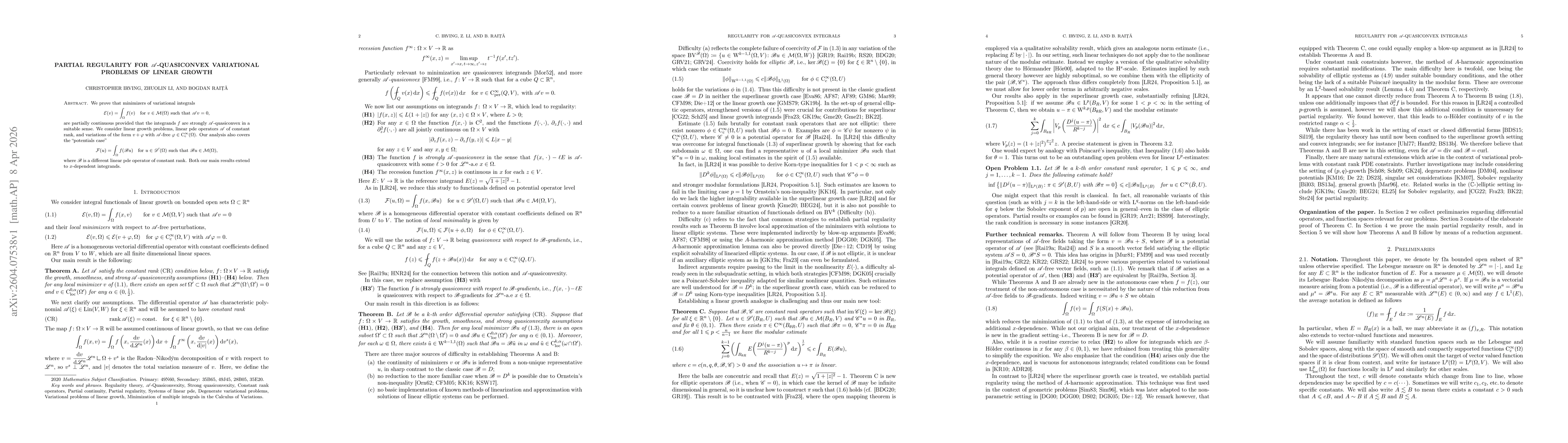 Thumbnail for Partial regularity for $\mathscr{A}$-quasiconvex variational problems of linear growth