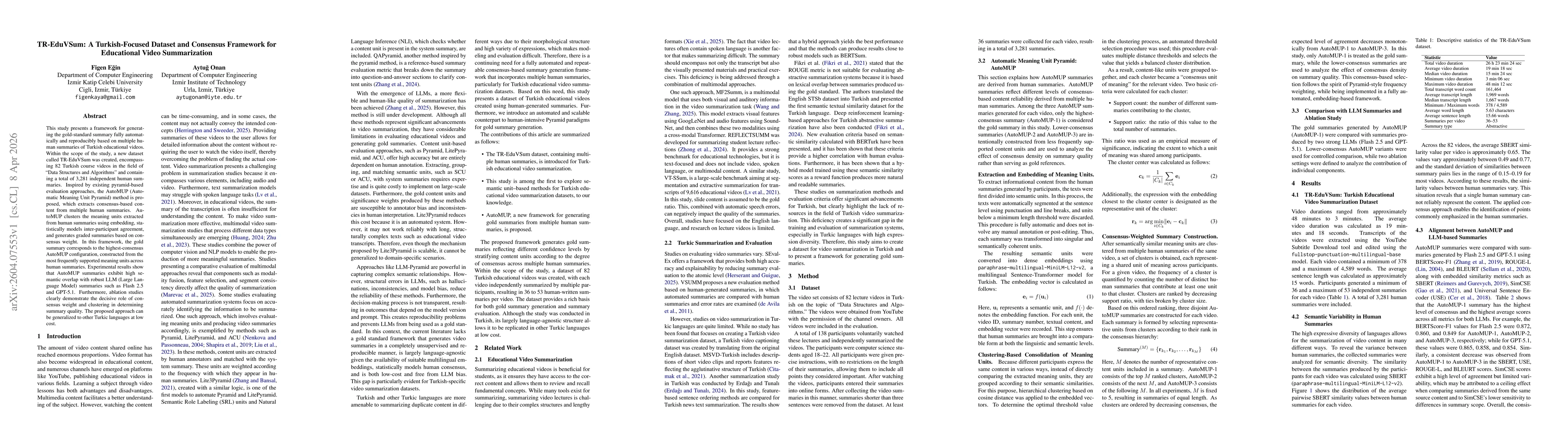 Thumbnail for TR-EduVSum: A Turkish-Focused Dataset and Consensus Framework for Educational Video Summarization