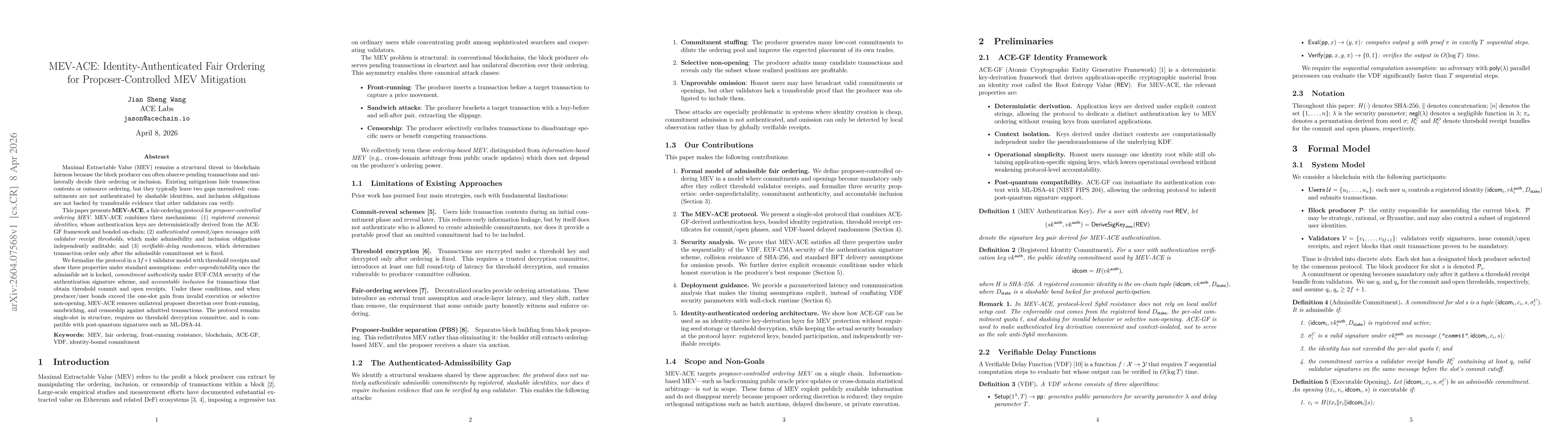 Thumbnail for MEV-ACE: Identity-Authenticated Fair Ordering for Proposer-Controlled MEV Mitigation