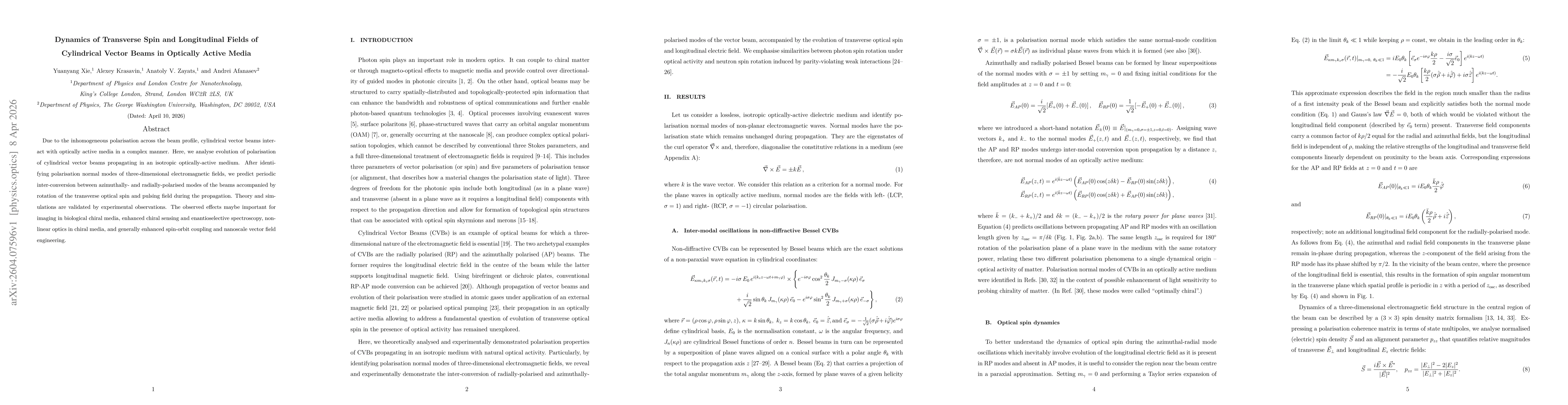 Thumbnail for Dynamics of Transverse Spin and Longitudinal Fields of Cylindrical Vector Beams in Optically Active Media