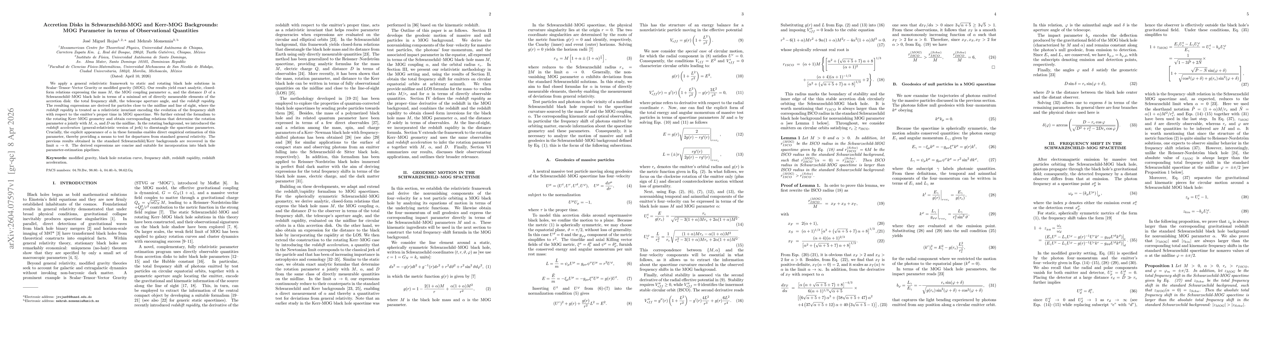 Thumbnail for Accretion Disks in Schwarzschild-MOG and Kerr-MOG Backgrounds: MOG Parameter in terms of Observational Quantities