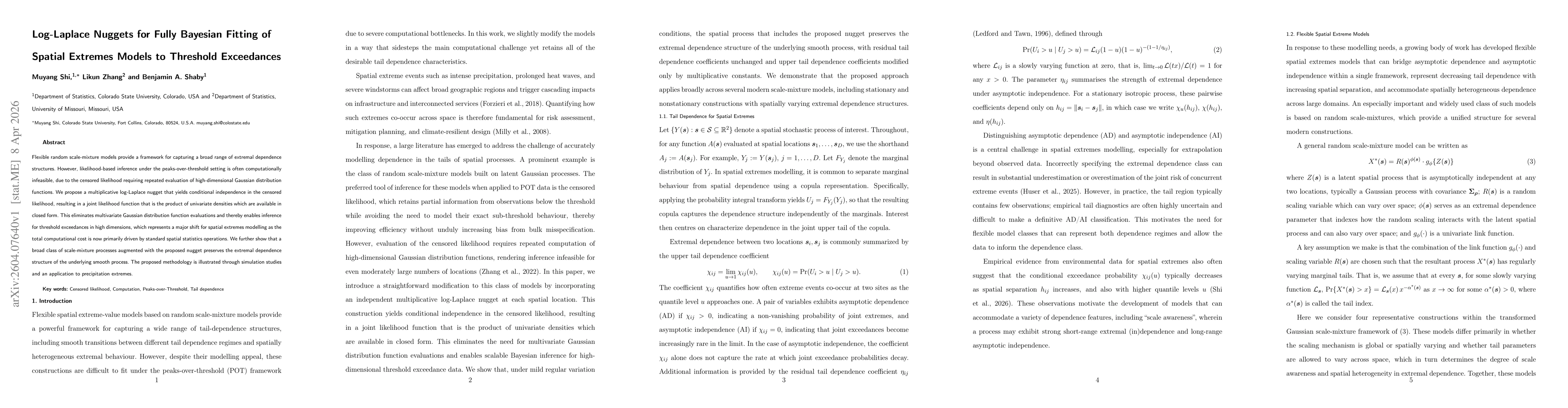 Thumbnail for Log-Laplace Nuggets for Fully Bayesian Fitting of Spatial Extremes Models to Threshold Exceedances