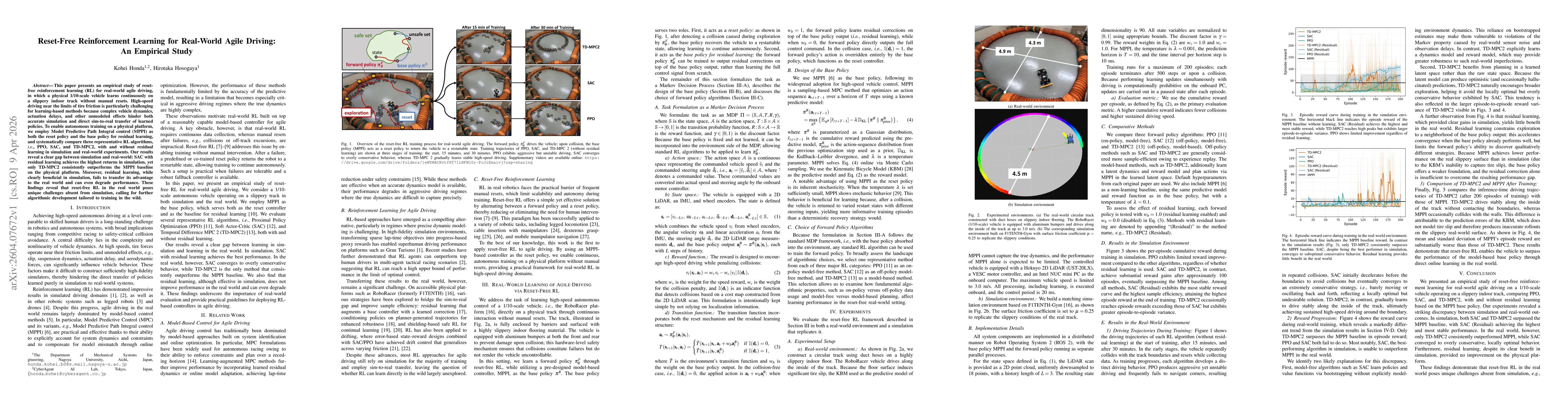 Thumbnail for Reset-Free Reinforcement Learning for Real-World Agile Driving: An Empirical Study