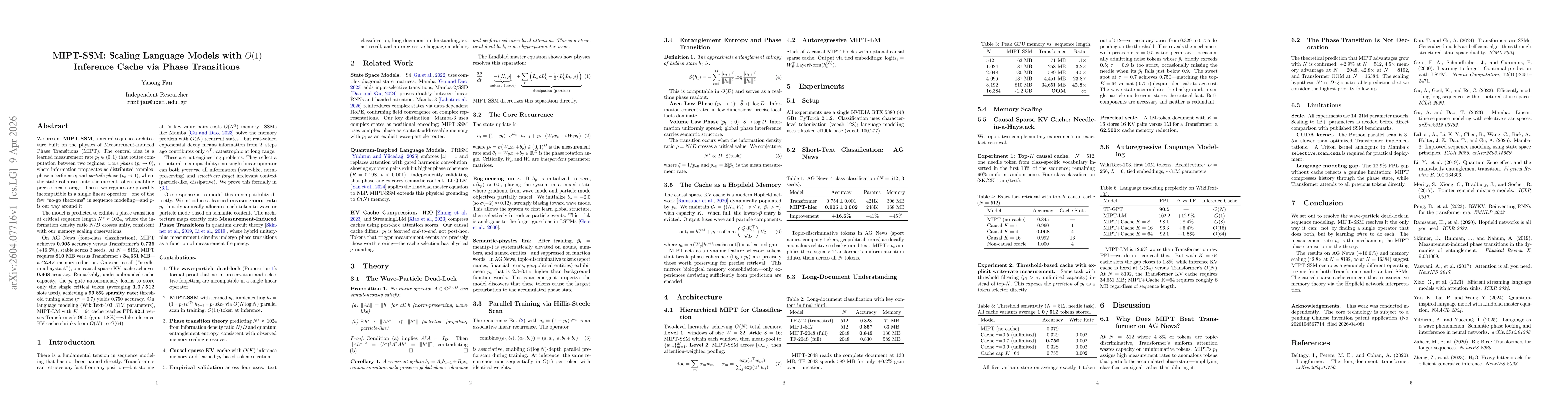 Thumbnail for MIPT-SSM: Scaling Language Models with $O(1)$ Inference Cache via Phase Transitions