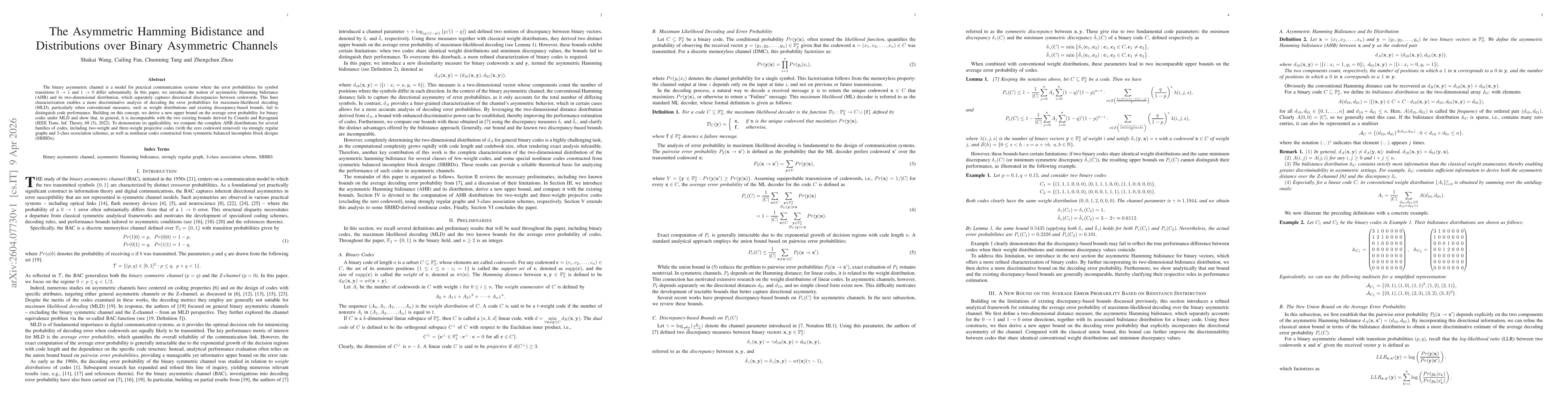 Thumbnail for The Asymmetric Hamming Bidistance and Distributions over Binary Asymmetric Channels