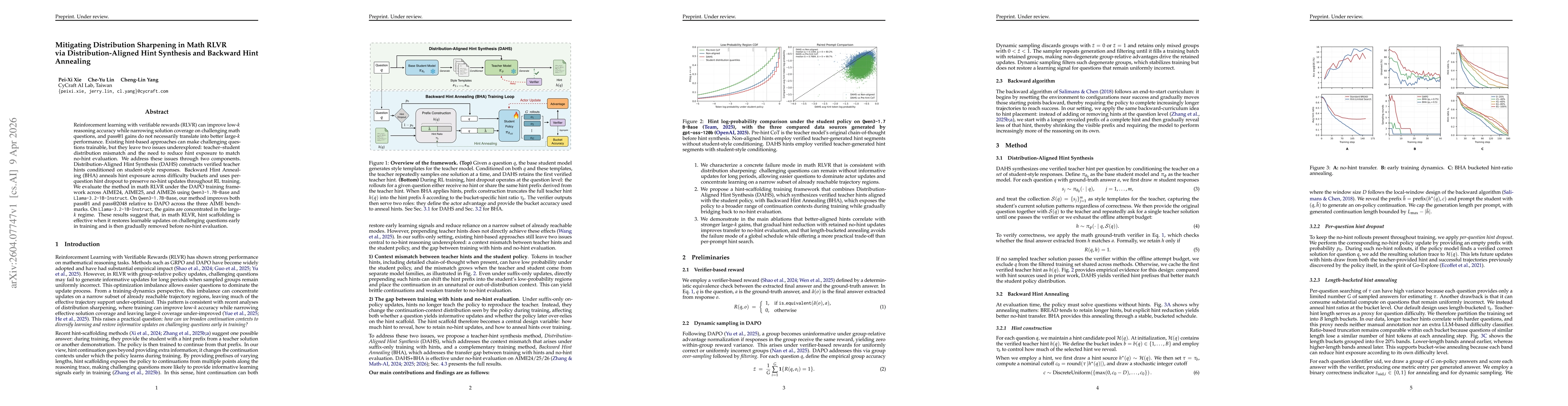 Thumbnail for Mitigating Distribution Sharpening in Math RLVR via Distribution-Aligned Hint Synthesis and Backward Hint Annealing
