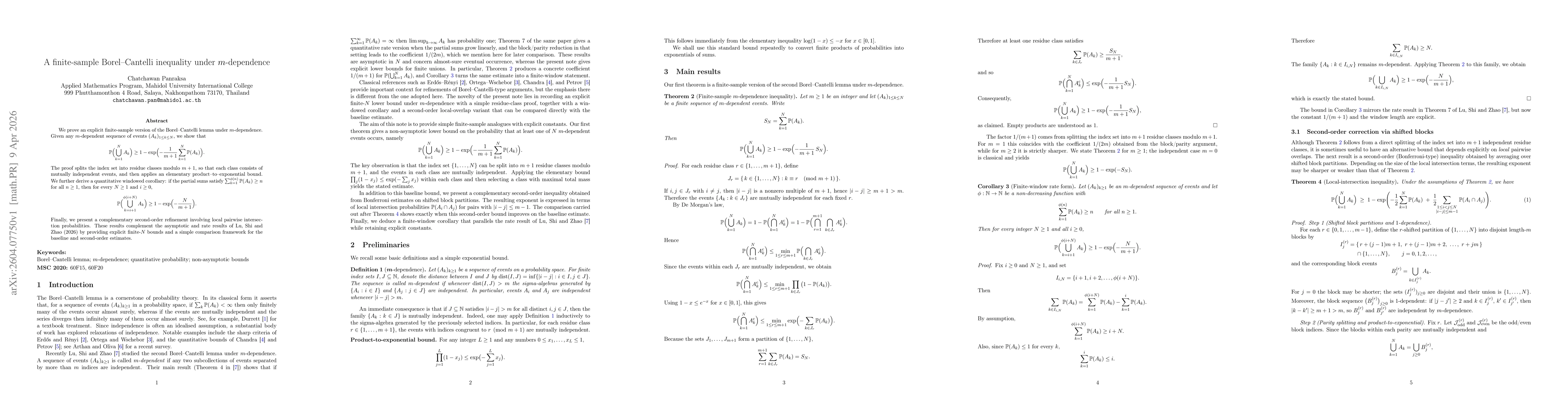 Thumbnail for A finite-sample Borel--Cantelli inequality under $m$-dependence