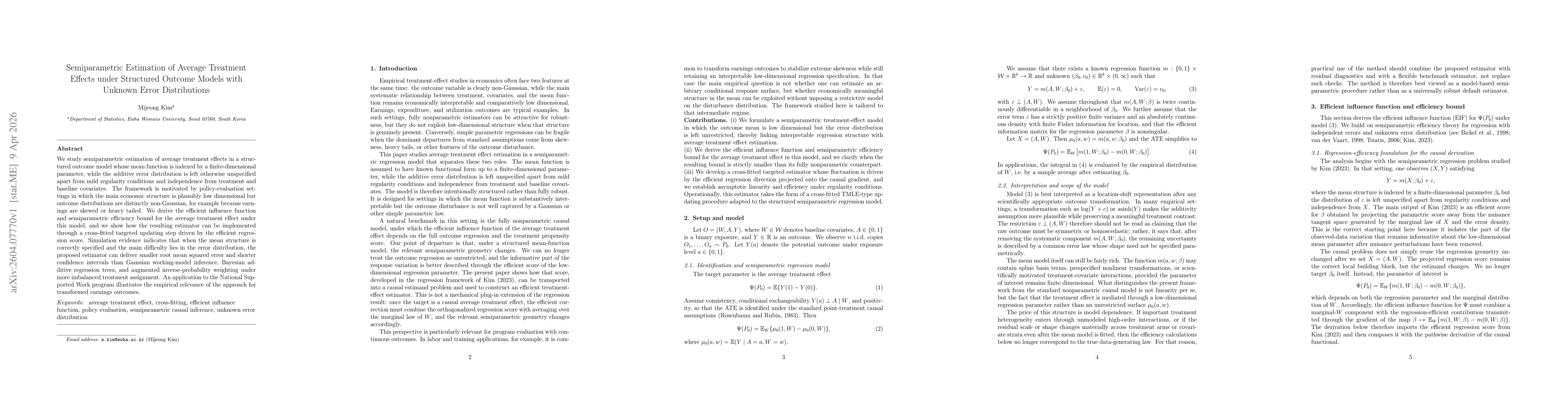 Thumbnail for Semiparametric Estimation of Average Treatment Effects under Structured Outcome Models with Unknown Error Distributions