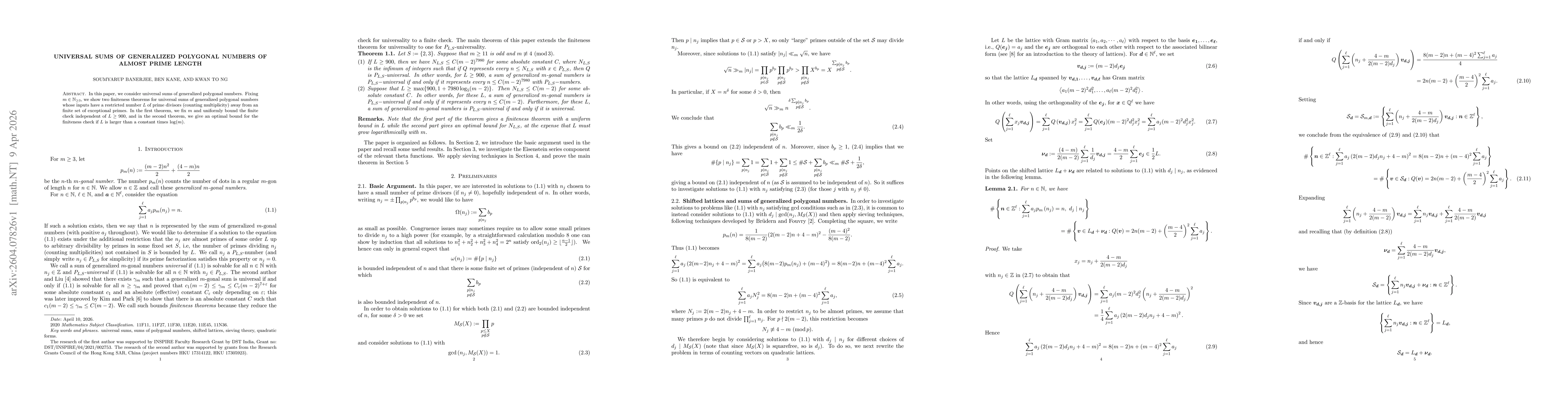 Thumbnail for Universal sums of generalized polygonal numbers of almost prime length