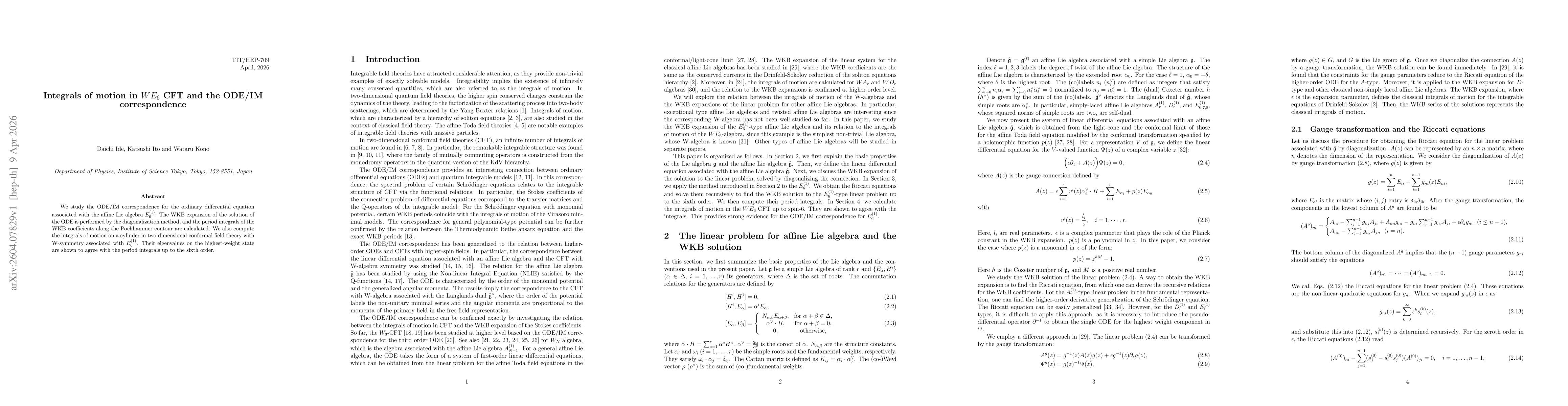 Thumbnail for Integrals of motion in $WE_6$ CFT and the ODE/IM correspondence