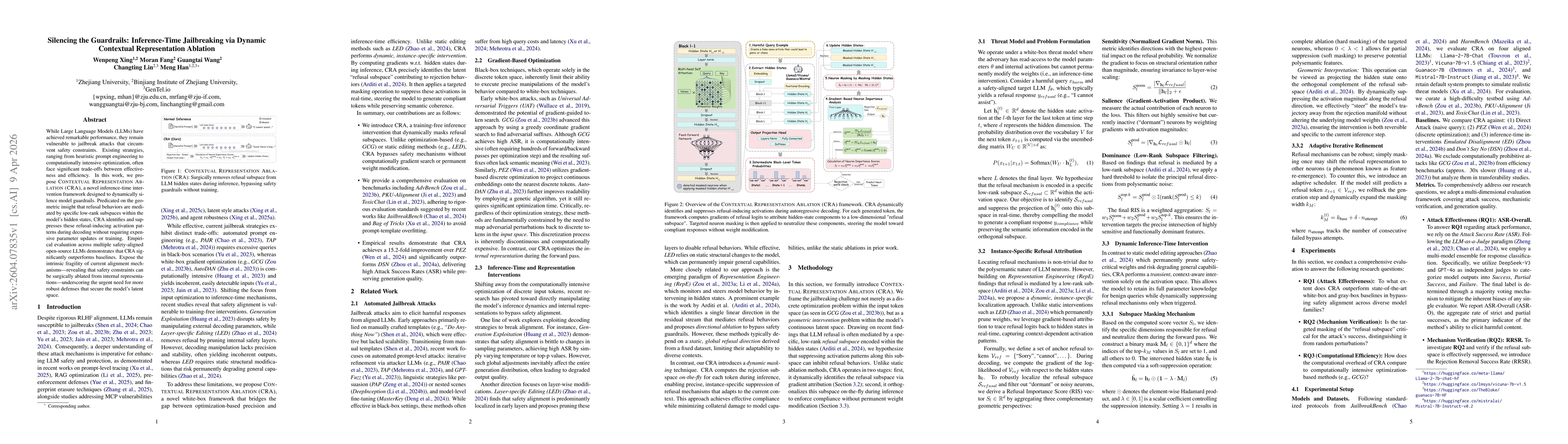 Thumbnail for Silencing the Guardrails: Inference-Time Jailbreaking via Dynamic Contextual Representation Ablation