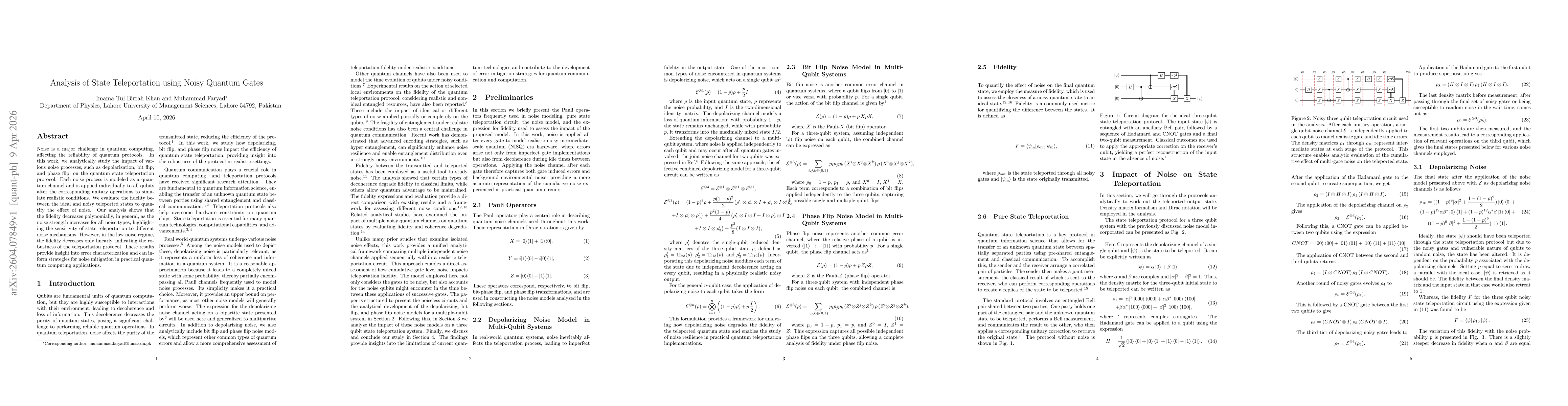 Thumbnail for Analysis of State Teleportation using Noisy Quantum Gates