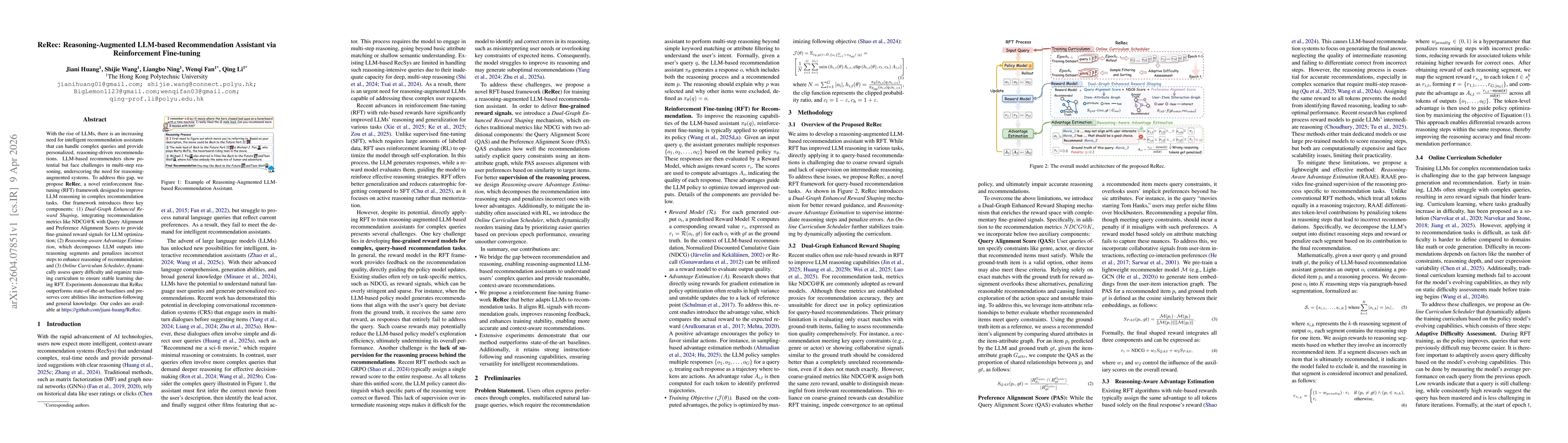 Thumbnail for ReRec: Reasoning-Augmented LLM-based Recommendation Assistant via Reinforcement Fine-tuning