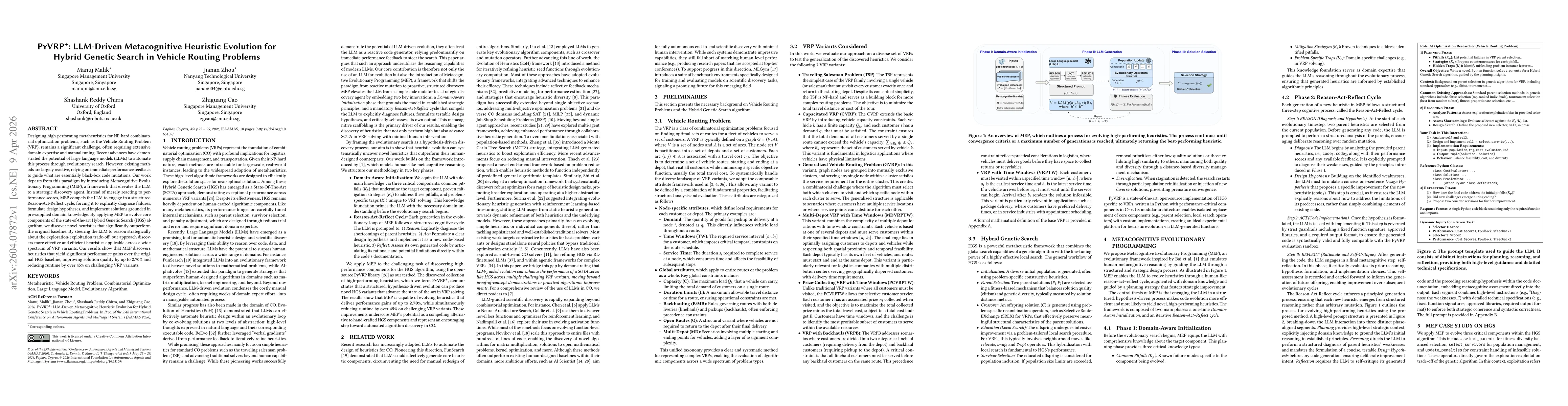 Thumbnail for PyVRP$^+$: LLM-Driven Metacognitive Heuristic Evolution for Hybrid Genetic Search in Vehicle Routing Problems