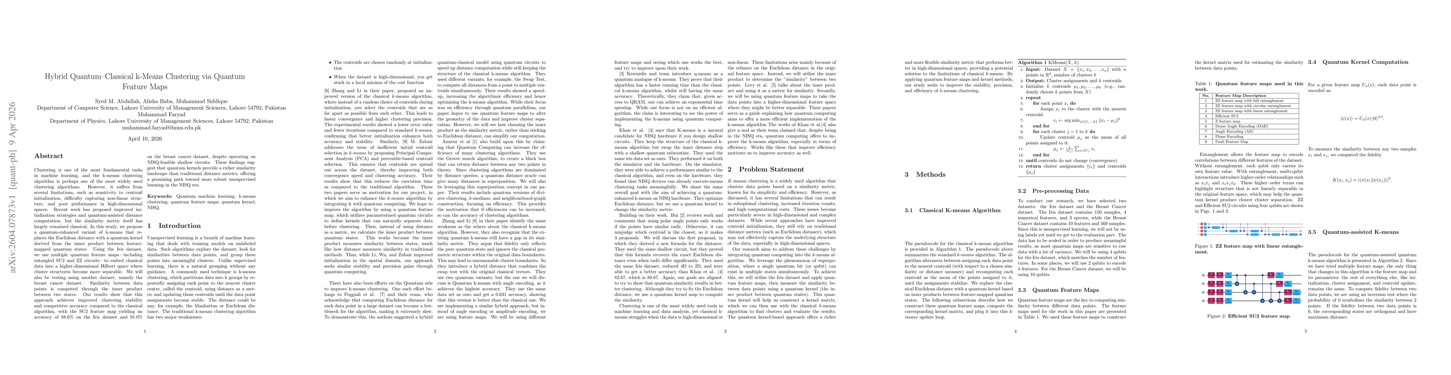 Thumbnail for Hybrid Quantum--Classical k-Means Clustering via Quantum Feature Maps