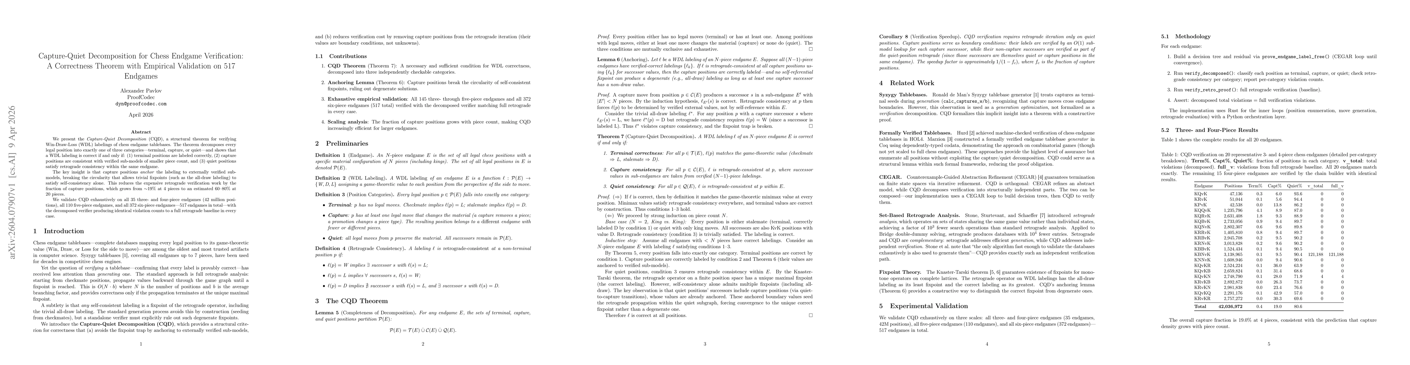 Thumbnail for Capture-Quiet Decomposition: A Verification Theorem for Chess Endgame Tablebases