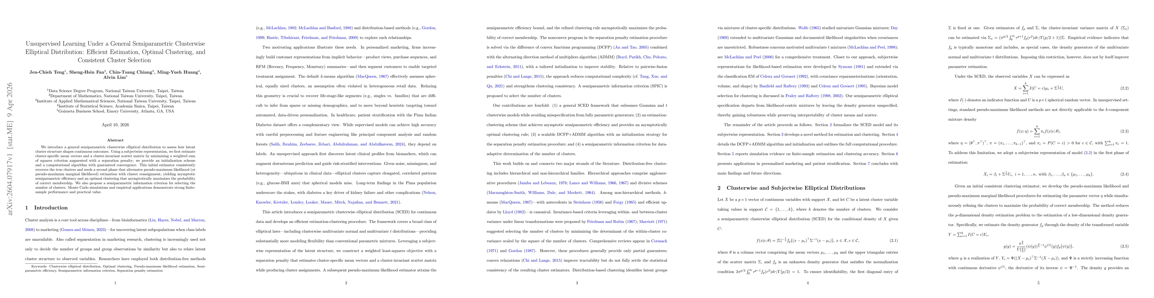 Thumbnail for Unsupervised Learning Under a General Semiparametric Clusterwise Elliptical Distribution: Efficient Estimation, Optimal Clustering, and Consistent Cluster Selection