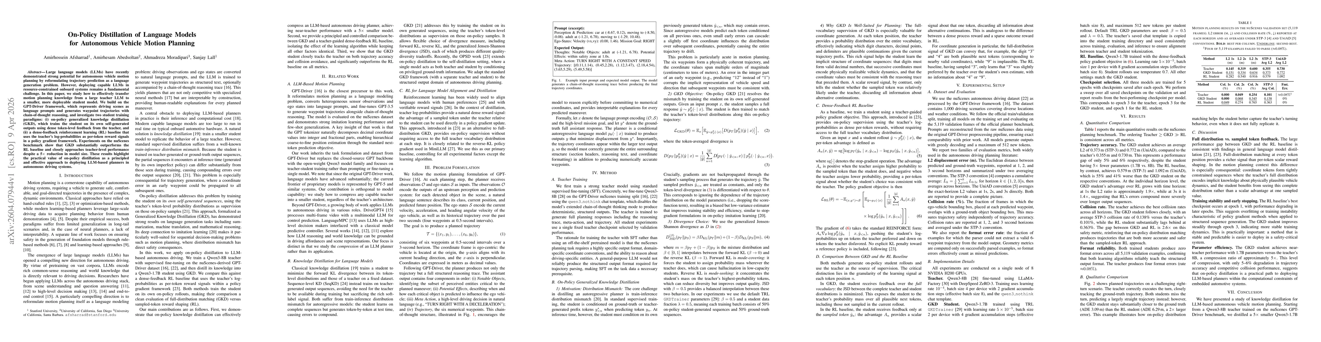 Thumbnail for On-Policy Distillation of Language Models for Autonomous Vehicle Motion Planning